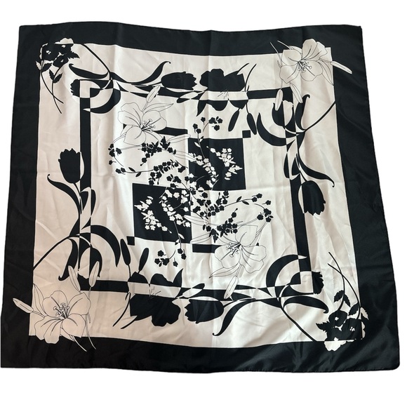 Black and White classic floral print scarf 34.5” square. - Picture 2 of 7